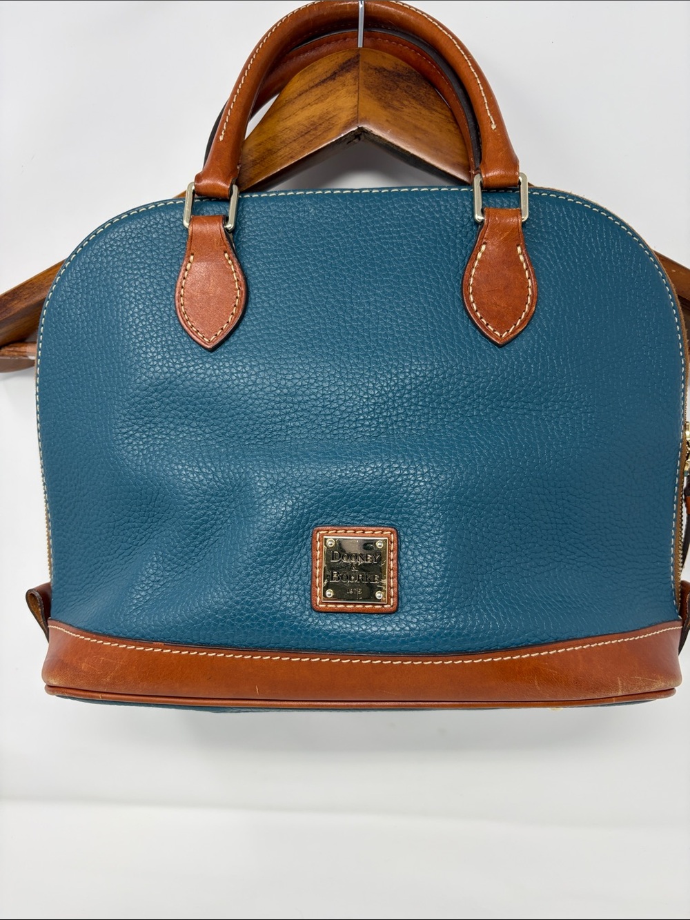 Dooney & Bourke Teal Pebbled Leather Brown Trim Double Handle Satchel Purse